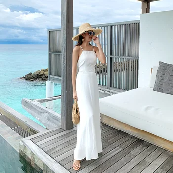 Poletje Ženske Dolga obleka Špageti Trak Maldivi Seksi Backless Velik Super Obmorskem Letovišču Obleke Bele 3290