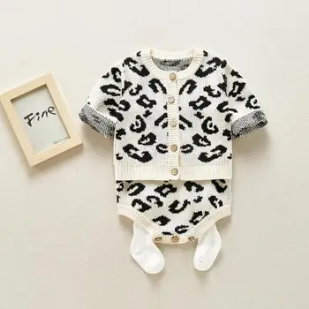 Baby Dekle Moda Obleko Oblačila Bombaža, Pletene Komplet Dojenček Leopard Plašč + Romper Obleko Oblačila Za Malčke Baby Pomlad Obleko