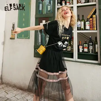 ELFSACK Black Panda Tiskanja, Kontrast Očesa Priložnostne Obleko Ženske 2020 Poletje ELF Grafični Kratek Rokav korejske Ženske Dnevni Obleke