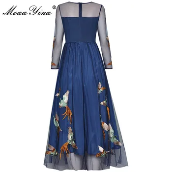 MoaaYina Modni Oblikovalec obleko Pomlad Žensk Obleko z Dolgimi Rokavi Očesa ptiček Vezenje visoke kakovosti Vintage Obleke