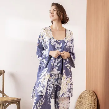 Jeseni Nove Ženske Pižame Nastavite Elegantno Cvjetnim Natisne Modra Femme Svoboden Udobje 3Pcs Sleepwear Jopico+Camisole+Hlače Homewear