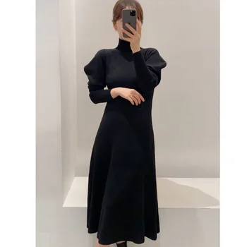 En Kos Turtleneck Ženske Pletene Obleke Letnik Slim Ženska, Slim Fit Črna Obleka Korejski Elegantno Midi Pulover Obleko Vestidos