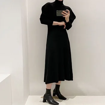En Kos Turtleneck Ženske Pletene Obleke Letnik Slim Ženska, Slim Fit Črna Obleka Korejski Elegantno Midi Pulover Obleko Vestidos