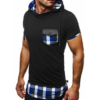 Moški kariran mozaik hooded majica s kratkimi rokavi strani zadrgo hip hop vrhovi ulične moški fitnes vadbo tee srajce punk hiphop oblačila