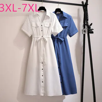 Nov poletni plus velikost shirt obleko za ženske velika kratek rokav svoboden modro beli trak V vratu dolgo obleko pasu 3XL 4XL 5XL 6XL 7XL