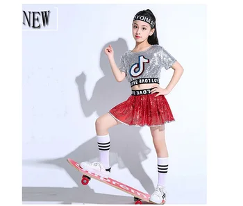 Dekle Jazz Plesne Kostume za Dekleta Otrok korejski Fazi, Ples, Oblačila, Izpostavljenih Popka Plima Hip hop Plesne Kostume Bleščica