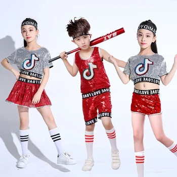 Dekle Jazz Plesne Kostume za Dekleta Otrok korejski Fazi, Ples, Oblačila, Izpostavljenih Popka Plima Hip hop Plesne Kostume Bleščica
