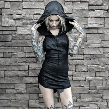 Rosetic Žensk Mini Obleke Črne Seksi, Elegantna Gothic Bodycon Hooded Navaden Asimetrične Split Ženski Stranka Punk Kratek Klub Obleke