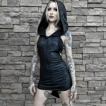 Rosetic Žensk Mini Obleke Črne Seksi, Elegantna Gothic Bodycon Hooded Navaden Asimetrične Split Ženski Stranka Punk Kratek Klub Obleke
