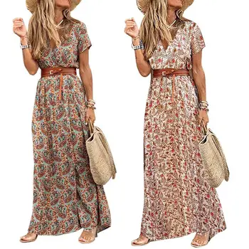 Moda Boho Dolgo Obleko za Ženske V Vratu Kratek Rokav Paisley Tiskanja Pasu Velike Robom Plaži Dolgo Obleko Elegantno žensko Obleko 2021