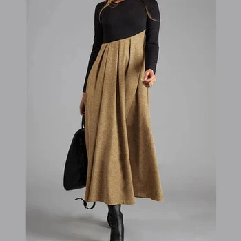 Novo 2021 ženska Oblačila, Obleke, Jeseni, Pozimi Kontrast Barve Mozaik Mid-pas Dolgi rokav Proti-vrat Puloverju Dolgo Priložnostne Obleko
