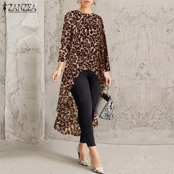 2021 Plus Velikost ZANZEA Natisnjeni Tunika Vrhovi Jeseni Seksi Leopard Bluzo Ženske Priložnostne Dolg Rokav Stranka Nepravilno Shirt Ženski Blusas