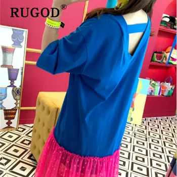 RUGOD korejski backless čipke mozaik ženske obleke Eelgant Pika natisnjeni svoboden poletne obleke vestidos Moda 2019 plažo, obleke,