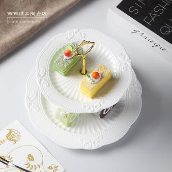2pcs nastavite, bela reliefni porcelana keramični sladkarije jed z jekleno stander, poročna dekoracija sadje ploščo servies, bife salon