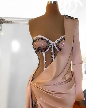 En Dolg Rokav Večerne Obleke, Šampanjec 2021 Seksi Visoko Režejo Beading Kristali Dubaj Ženske Formalno Večer Stranka Oblek