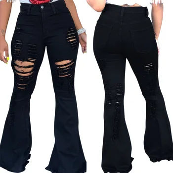 FNOCE jeseni ženske jeans street fashion priložnostne trdna višina wasit suh votlo luknjo ven slim flare hlače denims