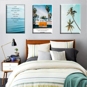 Bus Modri Ocean Beach Kokosovo Drevo Bombažno Platno Umetnosti Tiskanja Slikarstvo Plakat Stenske Slike Doma Dekoracijo Sten Dekor Brez Okvirja