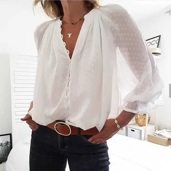 Belo bluzo srajce gumb urad dama bluzo srajce iz votlih vezenje na majice, ženske blusas camisa feminina vrhovi za Y206