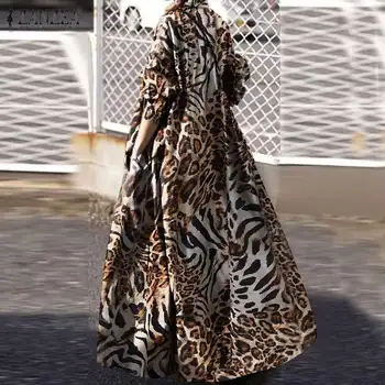 ZANZEA Ženske Priložnostne River Vratu Dolg Rokav Leopard Tiskano Majico, Obleko tam kaftan Jeseni Sundress Letnik Tiger Vzorec Dolgo Vestido