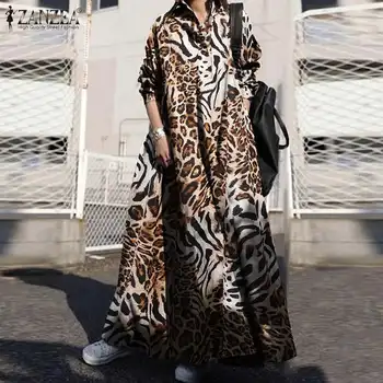ZANZEA Ženske Priložnostne River Vratu Dolg Rokav Leopard Tiskano Majico, Obleko tam kaftan Jeseni Sundress Letnik Tiger Vzorec Dolgo Vestido