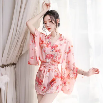 Roza Kimono Odklon Robe Oblačenja Plus Velikost Tiskanja kopalni plašč, Womens Vrhovi in Bluze Skušnjavi Spanja Obrabe Poročno Družico Obleke
