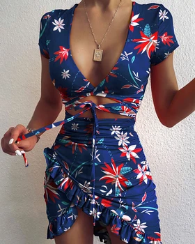 Ženske Obleka Kratek Rokav Kriptografskih Cvjetnim Natisniti Moda zvezal Zaviti Mini Obleka 2021Summer Počitnice Ruffles Sundress Ruched