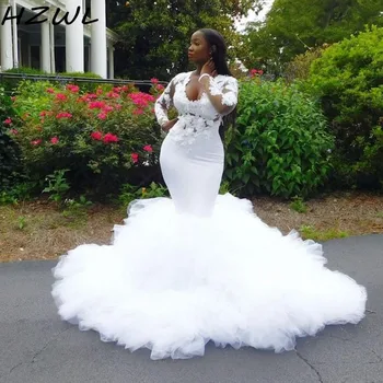 Afriške morska deklica Poročne Obleke Ruffles 3D Čipke Appliques Plus Velikost Poročno Obleko Iluzijo Dolge Rokave Poročne vestidos de novia