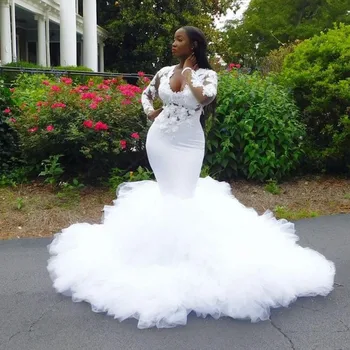 Afriške morska deklica Poročne Obleke Ruffles 3D Čipke Appliques Plus Velikost Poročno Obleko Iluzijo Dolge Rokave Poročne vestidos de novia