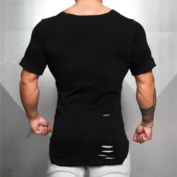 Muscleguys Fitnes Oblačila 2019 Poletje Majica s kratkimi rokavi Moški Raztrgala Luknjo T-majice Mens Slim Fit Tees za Moške Hip Hop Podaljša Telovadnic Tshirt