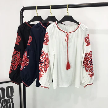 [LIVIVIO] Bombaž Puff Dolg Rokav Vezenje Krog Vratu Tassel Strin Bluzo Ženske Shirt Ženski korejski Modnih Oblačil