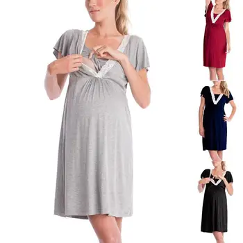 Moda Porodniškega Kratek Rokav Bombažne Mešanice Doječe Ženske Nosečnice Šivom Barve Baby Nightdress Dojenje Obleke