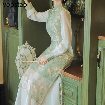 Kitajski Slog Nove Jesensko Letnik Elegantno, Romantično Čipke Preplete Qipao Obleka Ženske Elegantna Vezenino Slim Cheongsams Obleko