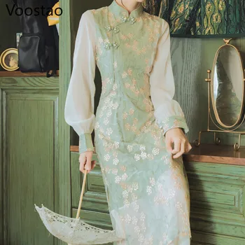 Kitajski Slog Nove Jesensko Letnik Elegantno, Romantično Čipke Preplete Qipao Obleka Ženske Elegantna Vezenino Slim Cheongsams Obleko