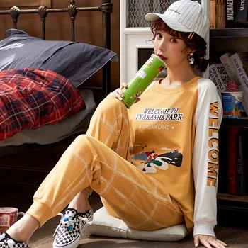 MELIFLE Pomlad korejski Moda Pižamo Kompleti za Ženske Jeseni Toplo Atoff Doma Mehka Svila Sleepwear Bombaž PJS Saten More