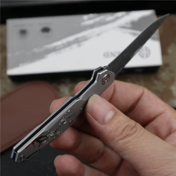 TIGEND Lovski Nož Prostem Taktično Preživetje Kampiranje Nož v Žep Folding Nož Damask iz Nerjavečega Jekla, Ročaj Mini EOS Orodja