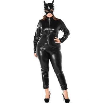Vroče Seksi spodnje perilo, obleka, Z Masko wetlook Umetno Usnje Catsuit PVC latex plus velikost 3XL Erotično Clubwear fetiš cosplay kostum