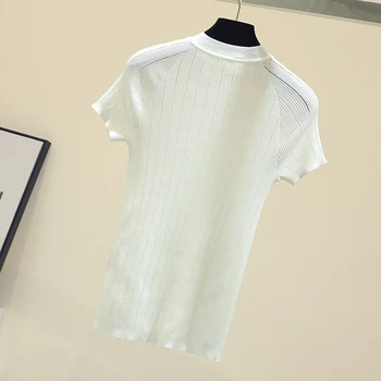 Priložnostne T-Shirt Ženski Korejski Tanko Črno Pleteno T-Shirt Kratek Rokav Ženske Vrhovi 2021 Poletje Ženske Trdna Tee Shirt Femme 8783 50