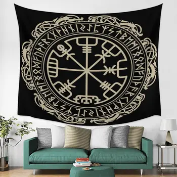 Tapiserija Mandala Home Decor Črno Viking Čarobni Runic Kompas Vegvisir V Krogu Norse Rune Tapiserije Spalnica