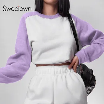 Sweetown Mozaik Colorblock Puloverju Trenirke Za Ženske Priložnostne Svoboden korejski Oblačila z Dolgimi Rokavi Rastlinske Znoj srajce Jeseni