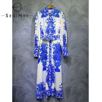 SEQINYY Belo Srajco, Obleko 2020 Pomlad Jesen Novo Modno Oblikovanje Ženske Dolg Rokav Visoke Kakovosti Modra Vaza Tiskanja Cvetovi Priložnostne