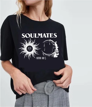 PUDO-Ulične Sun Moon Soulmates Tiskanja Ženske T-shirt harajuku Black Soulmate Nikoli ne Umrejo tshirt Punk Vrhovi Priložnostne Majice