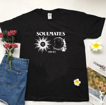 PUDO-Ulične Sun Moon Soulmates Tiskanja Ženske T-shirt harajuku Black Soulmate Nikoli ne Umrejo tshirt Punk Vrhovi Priložnostne Majice