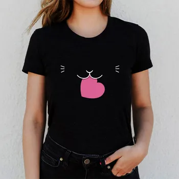 Smešno mačka ženske t shirt tiskanje kratek rokav srčkan risanka ženske tshirt priložnostne poletje ženski ohlapno črno vrhovi tee ženska t-shirt majica