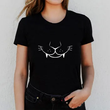 Smešno mačka ženske t shirt tiskanje kratek rokav srčkan risanka ženske tshirt priložnostne poletje ženski ohlapno črno vrhovi tee ženska t-shirt majica