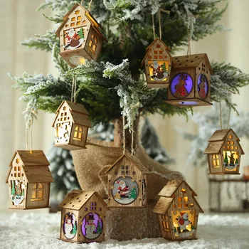 1pcs Božično Drevo brunarico Obesek Visi Lesena počitniška hiša Dekoracijo LED Luči Doma Dekoracijo Streho Elk Dvojno Streho Snežaka