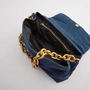 Velika Zmogljivost Denim Modra Material Torba Torbe Za Ženske 2021 Novo Zlato Verigo Design Messenger Bag Vse-Tekmo Torbici Sac
