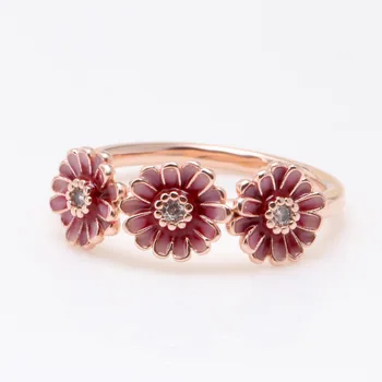 925 Srebro Ustvarjalne Rose Zlata Tri Pink Daisy Chrysanthemum Obroč Za Ženske Svate Darilo Modni Nakit