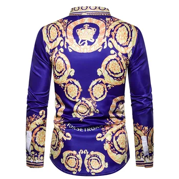 Luksuzni Cvetlični Rokavi Moški Royal Crown Tiskanja Mens Majice Priložnostne Slim Fit Camisa Socialne Modra Baročno Stranka Formalno Srajce Za Moške 3XL