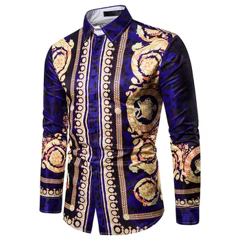 Luksuzni Cvetlični Rokavi Moški Royal Crown Tiskanja Mens Majice Priložnostne Slim Fit Camisa Socialne Modra Baročno Stranka Formalno Srajce Za Moške 3XL