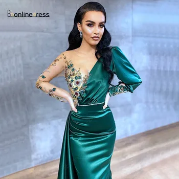 Bbonlinedress Zelena morska deklica Prom Oblačenja Saten O-Vrat, Rokave Beading Delih Muslimanskega Večerne Obleke 2020 vestiti eleganti sera